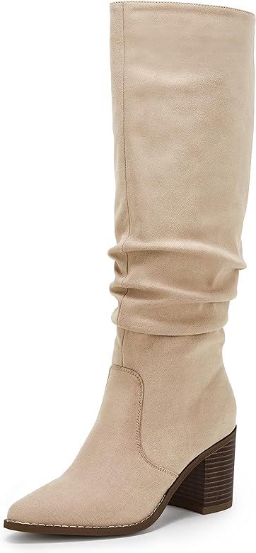 Huiyuzhi Womens Pointed Toe Knee High Boots Mid Chunky Heel Faux Suede Side Zipper Riding Booties | Amazon (US)