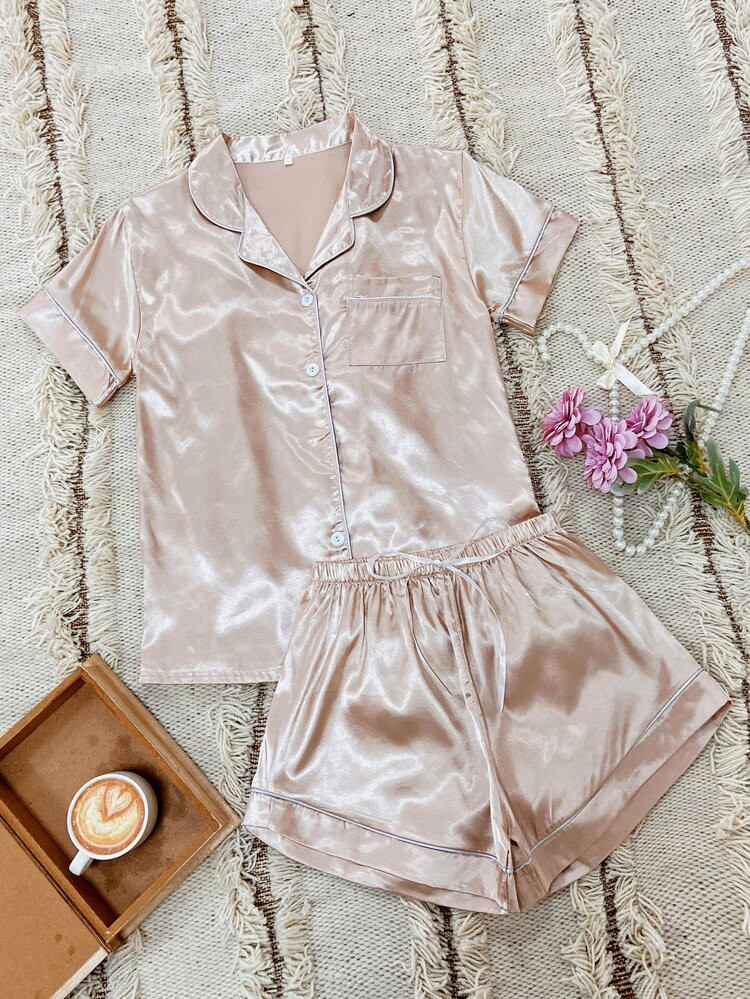 Contrast Binding Button Front Satin PJ Set | SHEIN