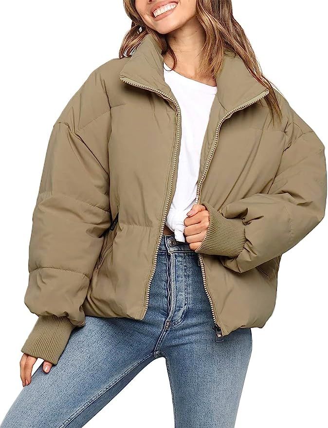 ZCSIA Women's Winter Long Sleeve Full Zipper Baggy Puffer Short Down Jacket Coat | Amazon (US)