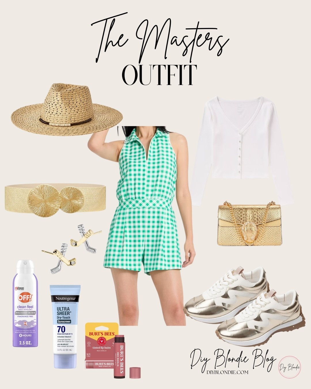 Southern Masters style 💚 This green gingham romper is such a fun and classic look for tournament week. I paired it with comfortable sneakers for walking the course, a chic straw hat, and gold accessories for a polished finish. Don’t forget the essentials like sunscreen, bug spray, and tinted lip balm for a long day at Augusta. Linking everything here!