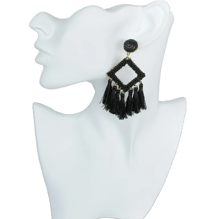 Time and Tru Women's Black Seed Beaded Tassel Earrings | Walmart (US)