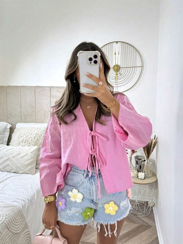 Women's Solid Color Front Tie Casual Summer Shirt | SHEIN | SHEIN