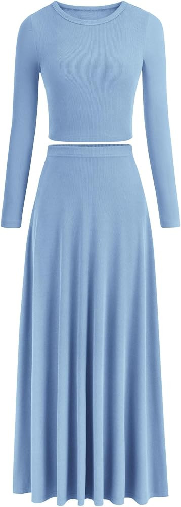 PRETTYGARDEN Women Fall Spring 2 Piece Outfits Dressy Casual Ribbed Knit Long Sleeve Crop Top Max... | Amazon (US)