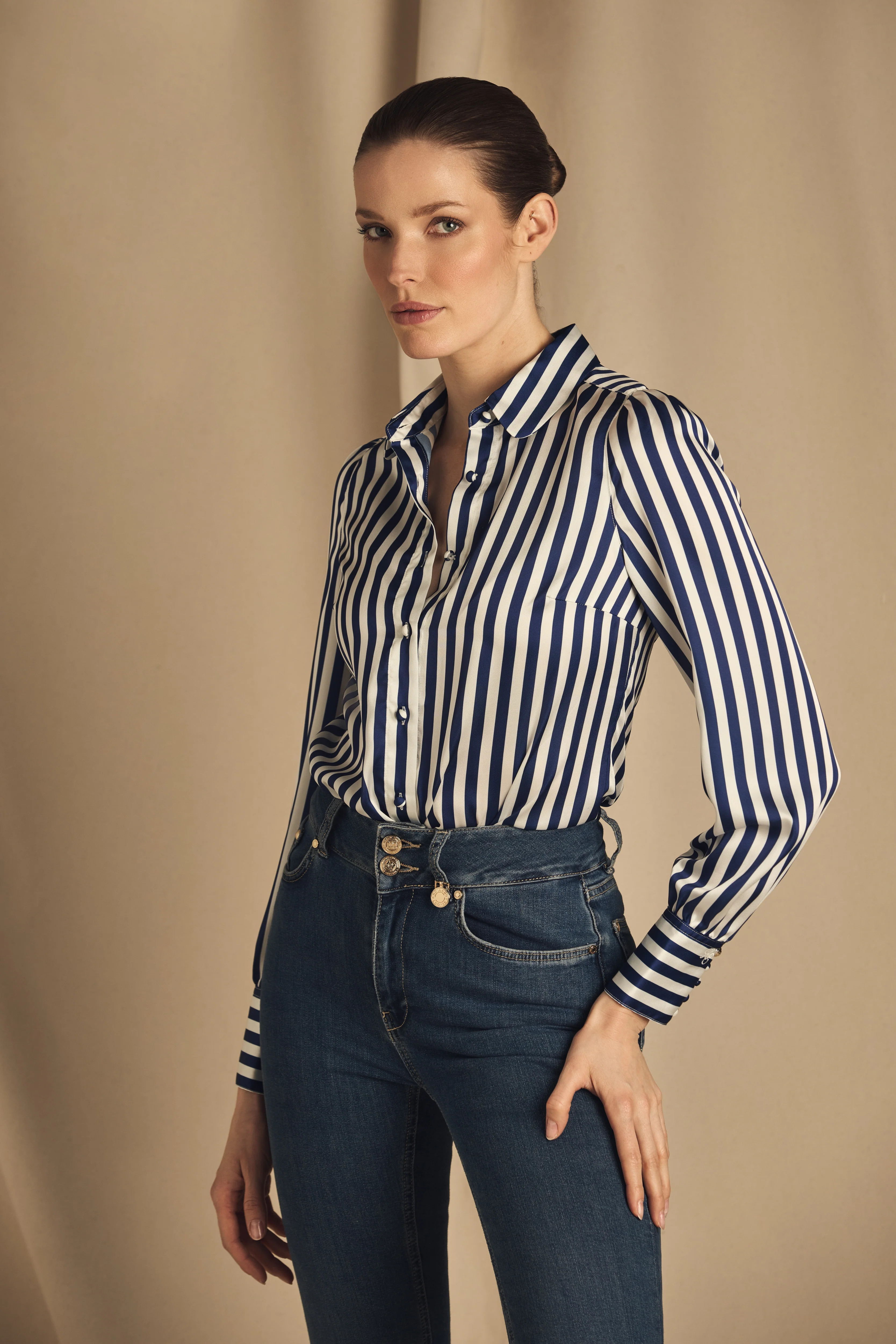 Isla Satin Shirt (Navy Stripe) | Holland Cooper