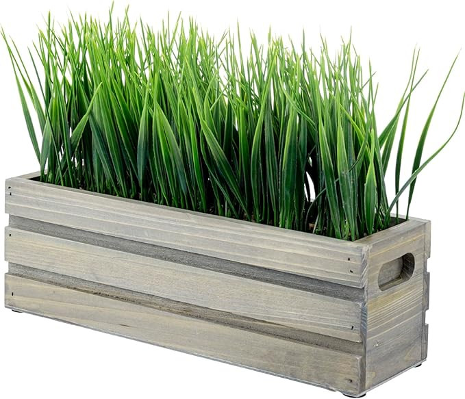 MyGift 12 Inch Artificial Green Grass Plant in Vintage Gray Brown Solid Wood Planter Box, Faux Gr... | Amazon (US)