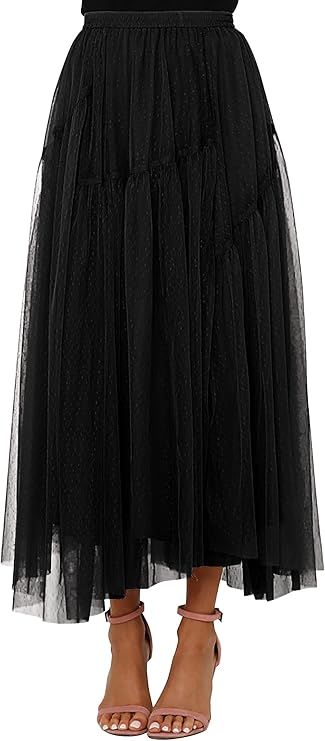 Women's Tulle Skirt Casual Midi Length Elastic High Waist Layered A-Line Tutu Skirts | Amazon (US)
