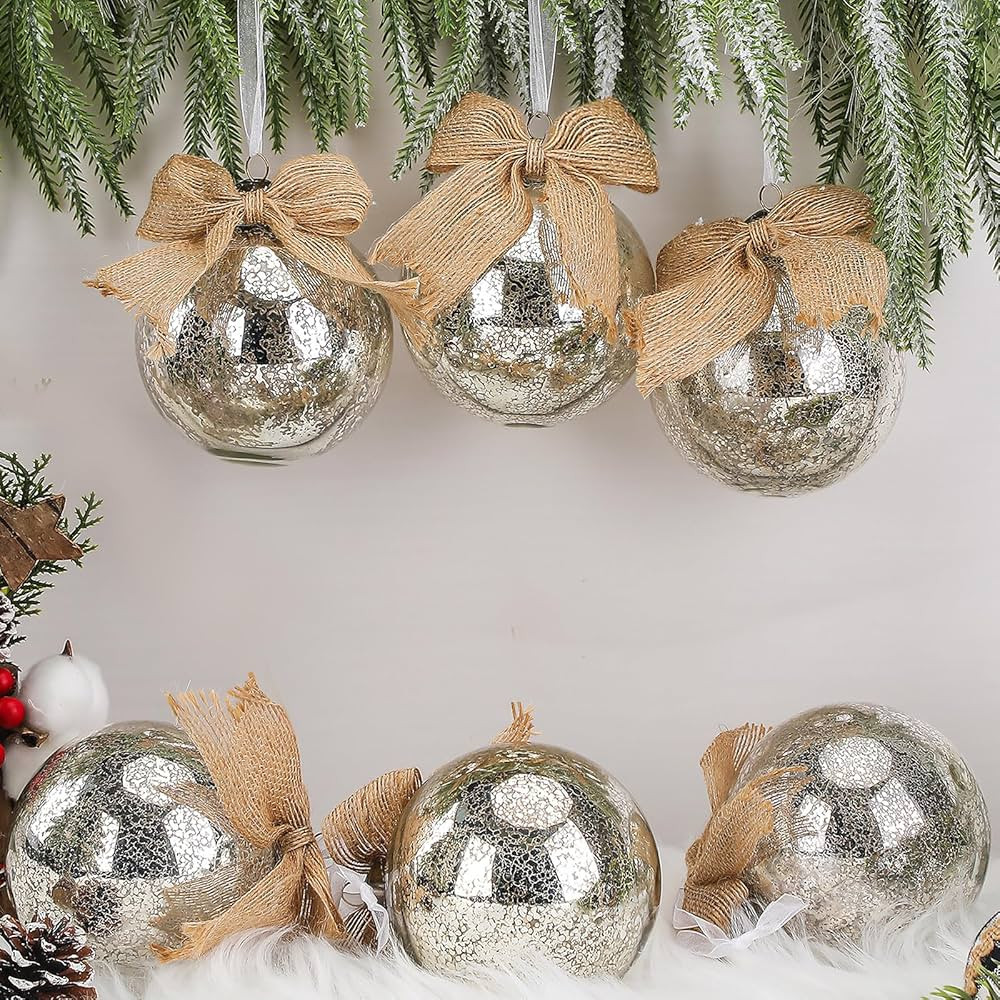 6 Sets Christmas Large Mercury Glass Ornaments with Jute Bow Antique Silver Finish Glass Ball Vin... | Amazon (US)