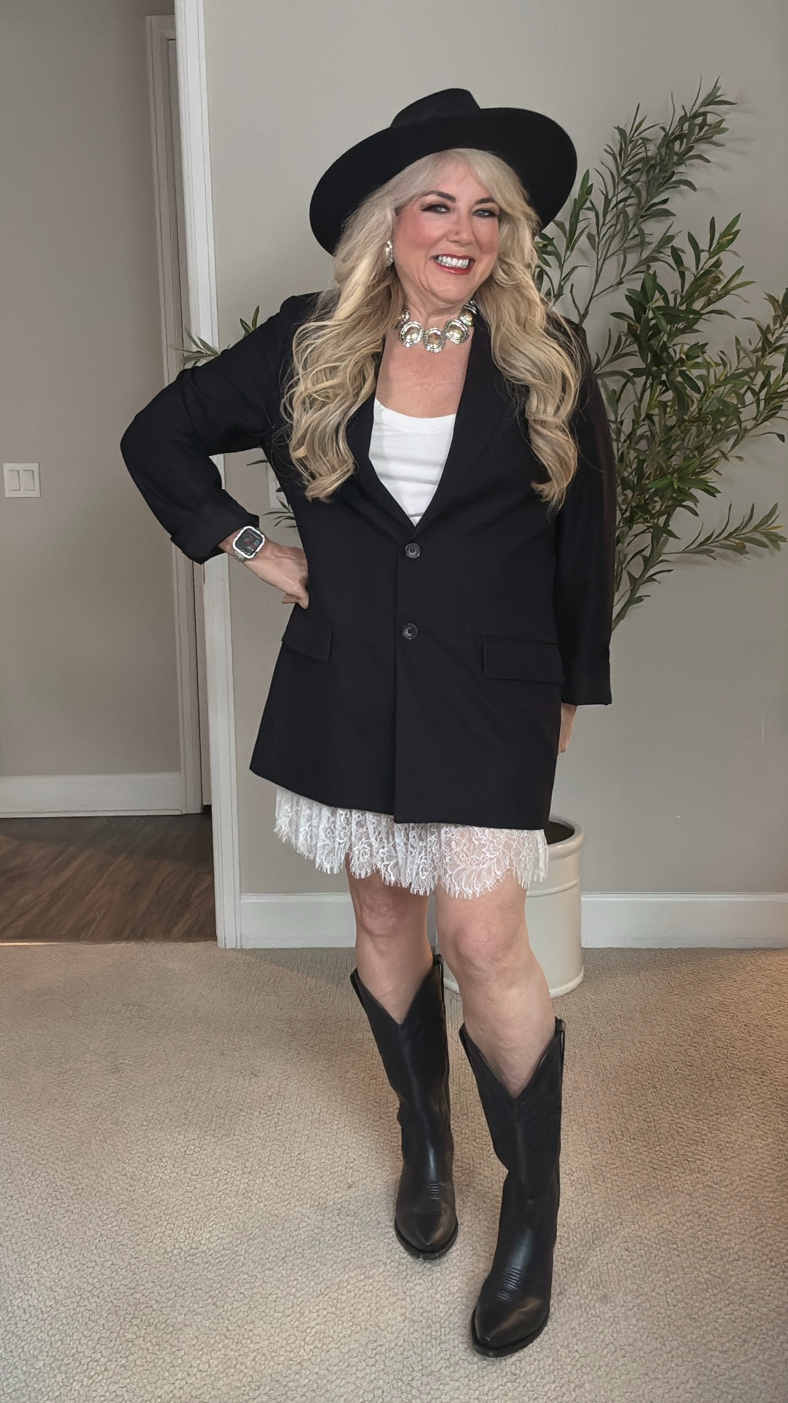 Loving this sharp black-and-white look with my oversized black blazer (12), lacy skirt (L), comfy cowgirl boots, and a hat to top it off! 🖤✨ It’s the perfect mix of sleek sophistication and laid-back western flair. 👢 

 #LTKOver40 #LTKStyleTip #LTKShoeCrush
