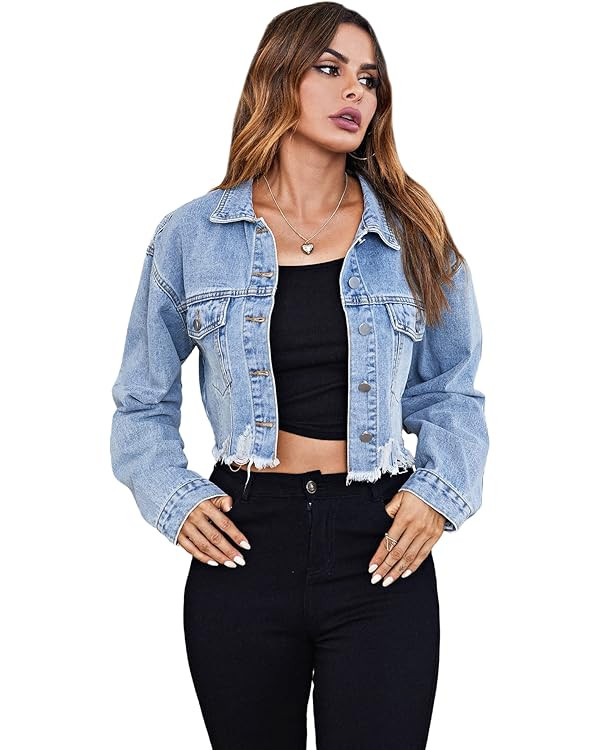 Floerns Women's Casual Drop Shoulder Ripped Crop Denim Jean Jacket | Amazon (US)