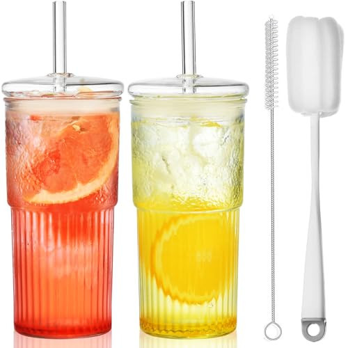 ALINK Glass Cups with Glass Lids and Straws, 22 oz High Borosilicate Clear Iced Coffee Glass Tumblers, Drinking Glass Smoothie Tea Water Cups, Pack of 2 with Cleaning Brush, 22OZ-glasscupstraw | Amazon (US)