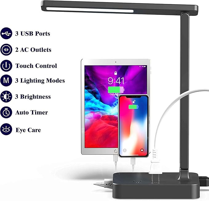 COZOO LED Desk Lamp with 3 USB Charging Port and 2 AC Outlet, 10W, 48Pcs LEDs, 3 Lighting Modes w... | Amazon (US)