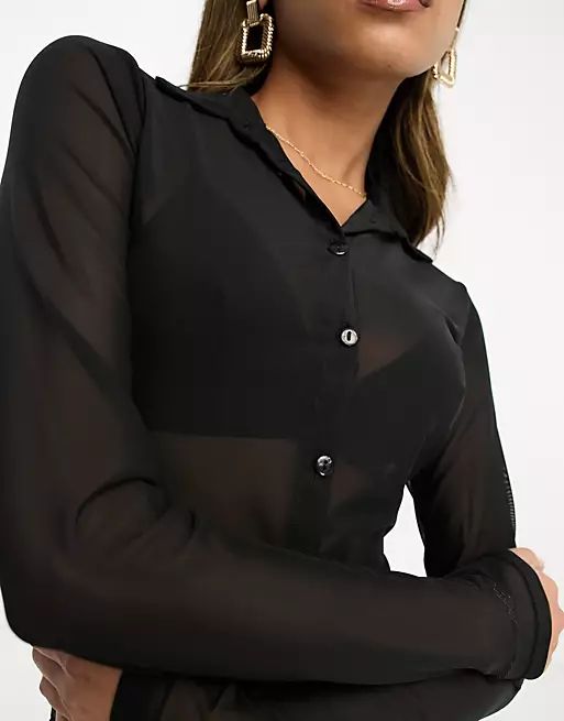 ASOS DESIGN mesh crop fitted shirt in black | ASOS (Global)
