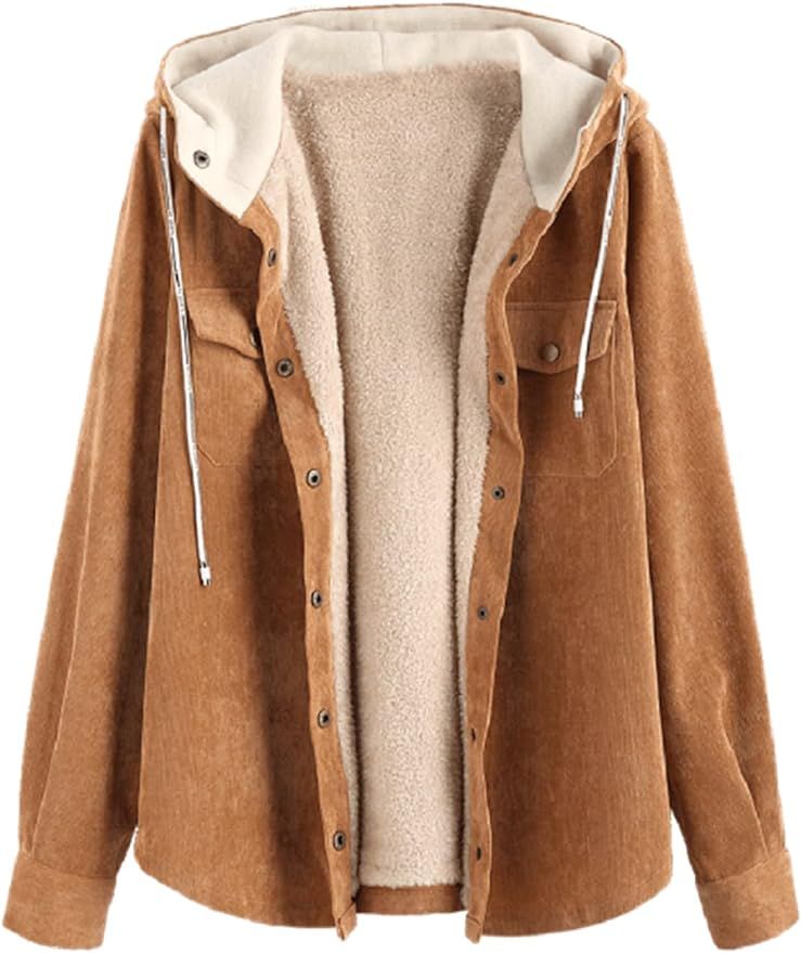 ZAFUL Women's Long Sleeve Button Fleece Jacket Lapel Collar Coat with Pocket | Amazon (US)