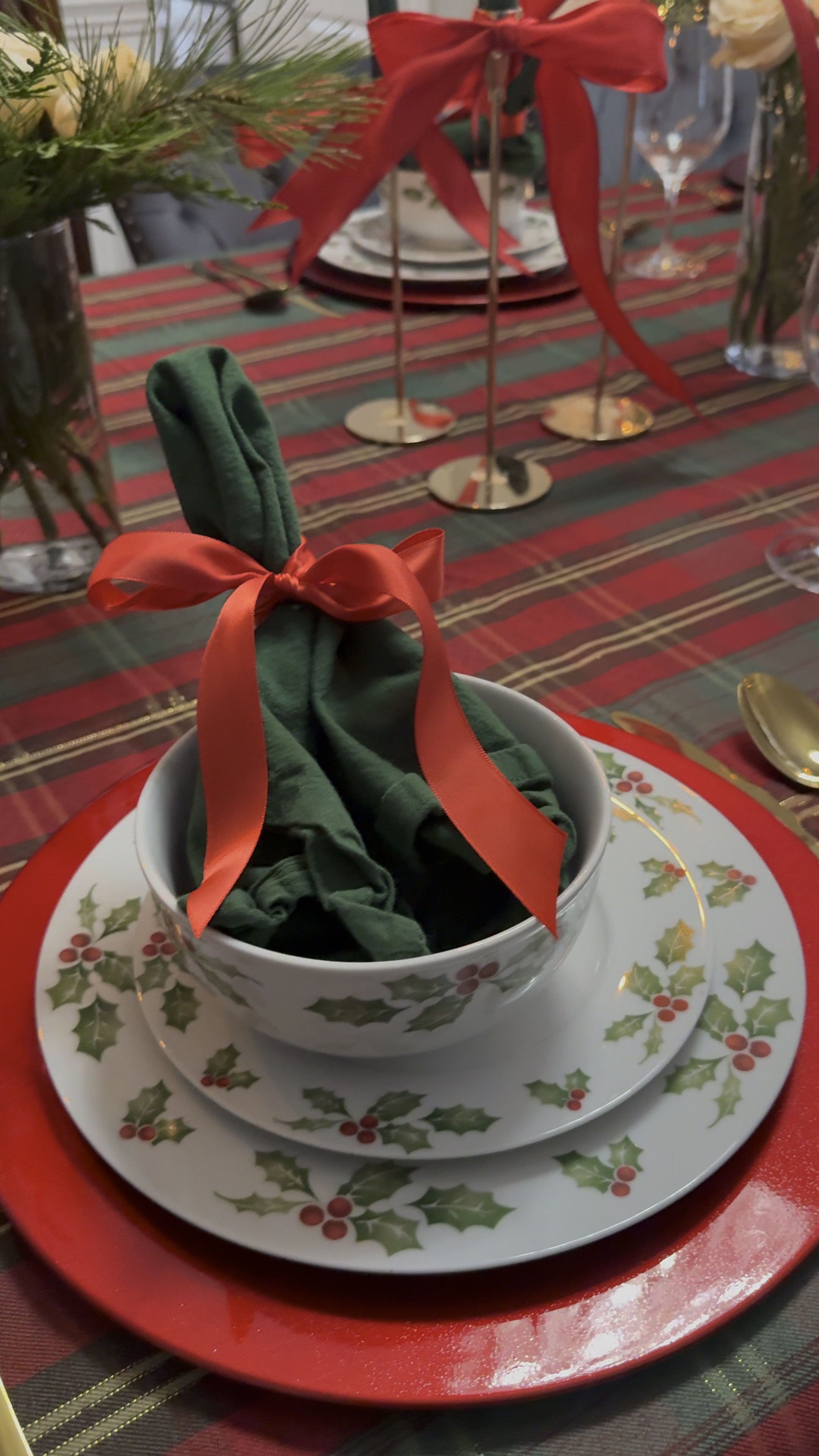 Christmas dish set. Dinnerware. Dinner party. Holiday party. Christmas party. Christmas. Hosting. Napkins. Tablecloth. Wine glass. Candle stick holders. Gold silverware. 

#LTKHoliday #LTKHome #LTKSeasonal