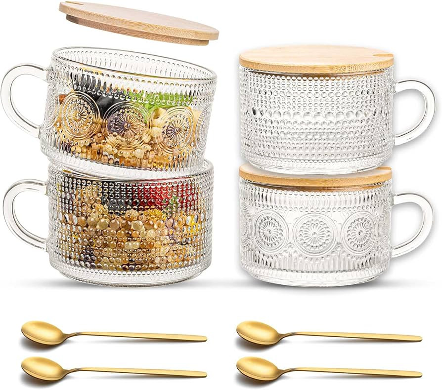 JBHO Vintage Glass 14OZ Coffee Mugs 4pcs Clear Embossed Glass Cups with Bamboo Lids and Spoons Gi... | Amazon (US)