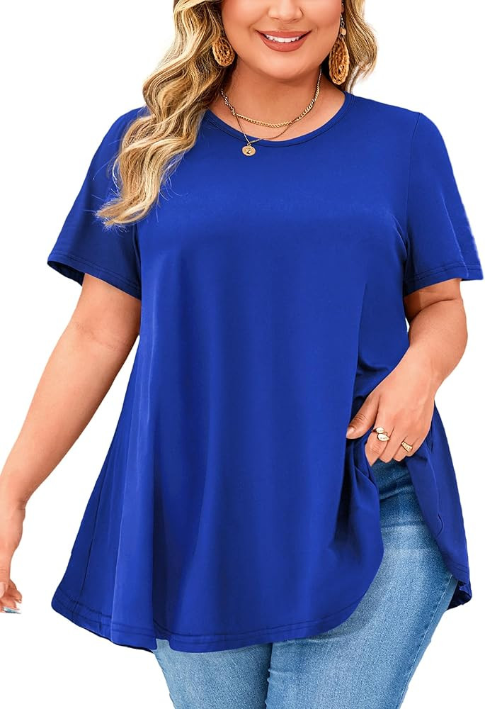 Tunic Tops for Women Plus Size Short Sleeve Crew Neck Swing Flare Loose T-Shirt Blouses to Wear w... | Amazon (US)