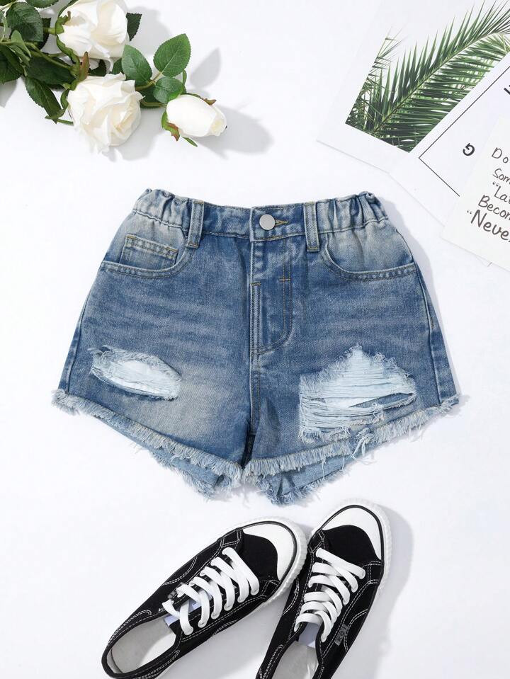 Tween Girl Ripped Raw Hem Denim Shorts | SHEIN