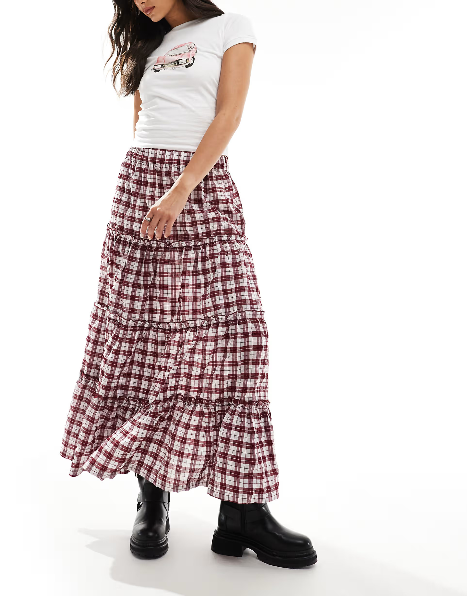 Bershka tiered maxi skirt in burgundy check | ASOS (Global)
