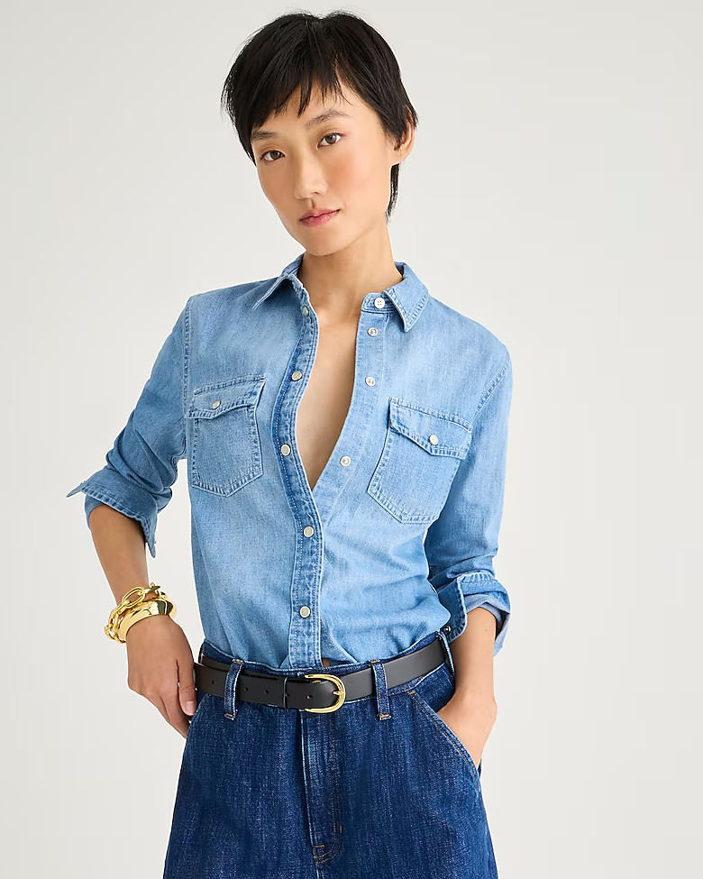 Petite Wren slim western shirt in light wash chambray | J. Crew US