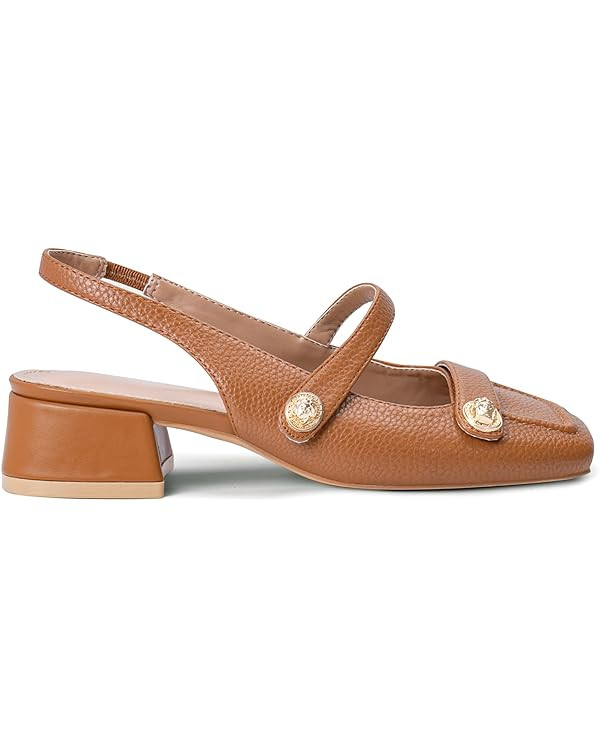 Slingback Mary Jane Heels for Women Low Block Heel Closed Square Toe Pump Shoes Heels Classic Dai... | Amazon (US)