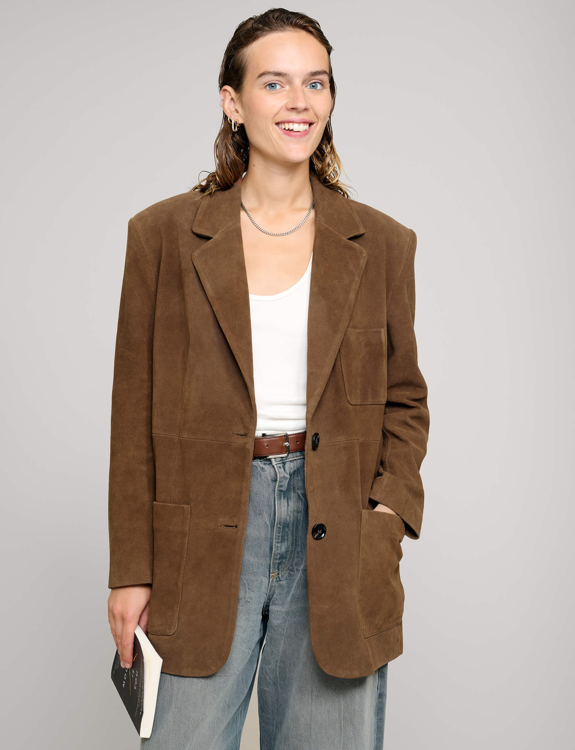 Brown Genuine-Leather Suede Blazer | Pixie Market