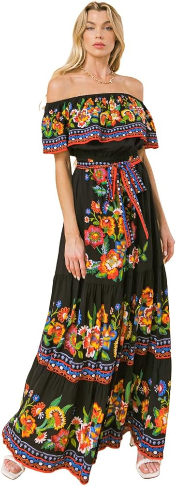 Halter Bohemian Floral Maxi Dress - Tropical Print Ethnic Print Keyhole Sundress | Amazon (US)