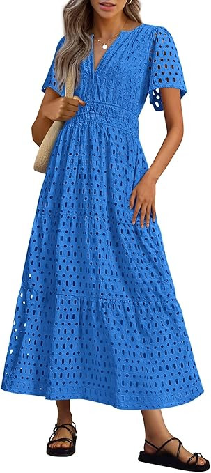 PRETTYGARDEN Womens 2026 Summer Maxi Dress Short Sleeve V Neck Hollow Out Eyelet A Line Long Flow... | Amazon (US)