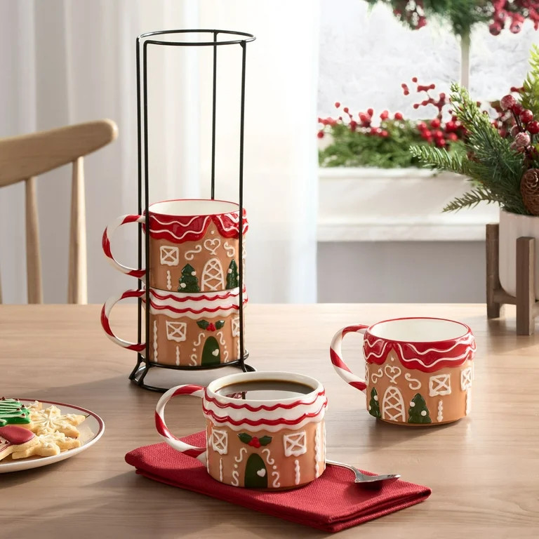 Holiday Time 12oz Gingerbread House Glazed Stoneware Ceramic Stacking Mug Set with Metal Rack | Walmart (US)