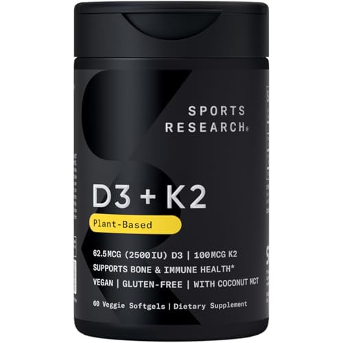 Sports Research® Vitamin D3 + K2 with Coconut MCT Oil | Vegan D3 2500iu (62.5mcg) & Plant Based Vitamin K2 Supplement | Vegan Certified, Soy & Gluten Free - 60 Softgels | Amazon (US)