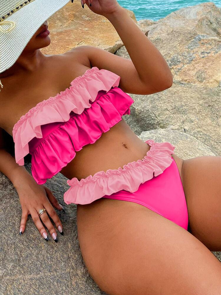 Color Block Tiered Layer Bandeau Bikini Swimsuit | SHEIN