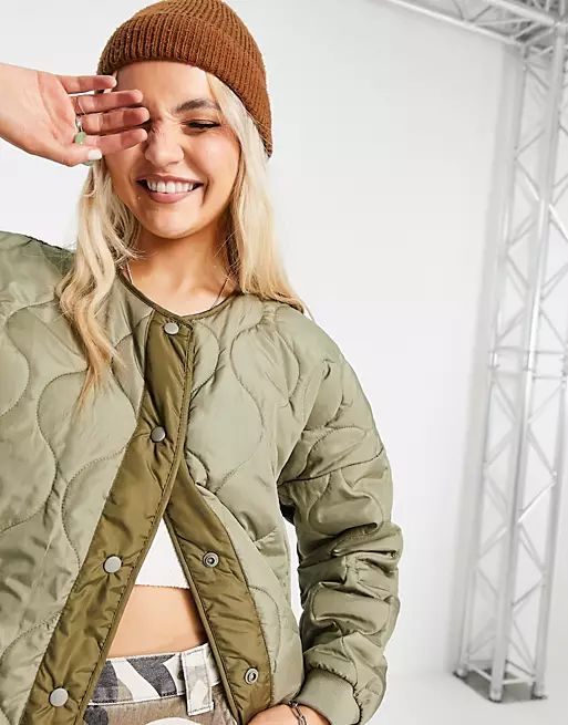 Noisy May collarless onion quilted jacket in khaki | ASOS (Global)