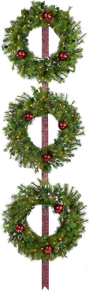 Fraser Hill Farm Prelit 3-Piece Hanging Holly Berry 20" Wreath on Red Ribbon, Warm White LED Ligh... | Amazon (US)