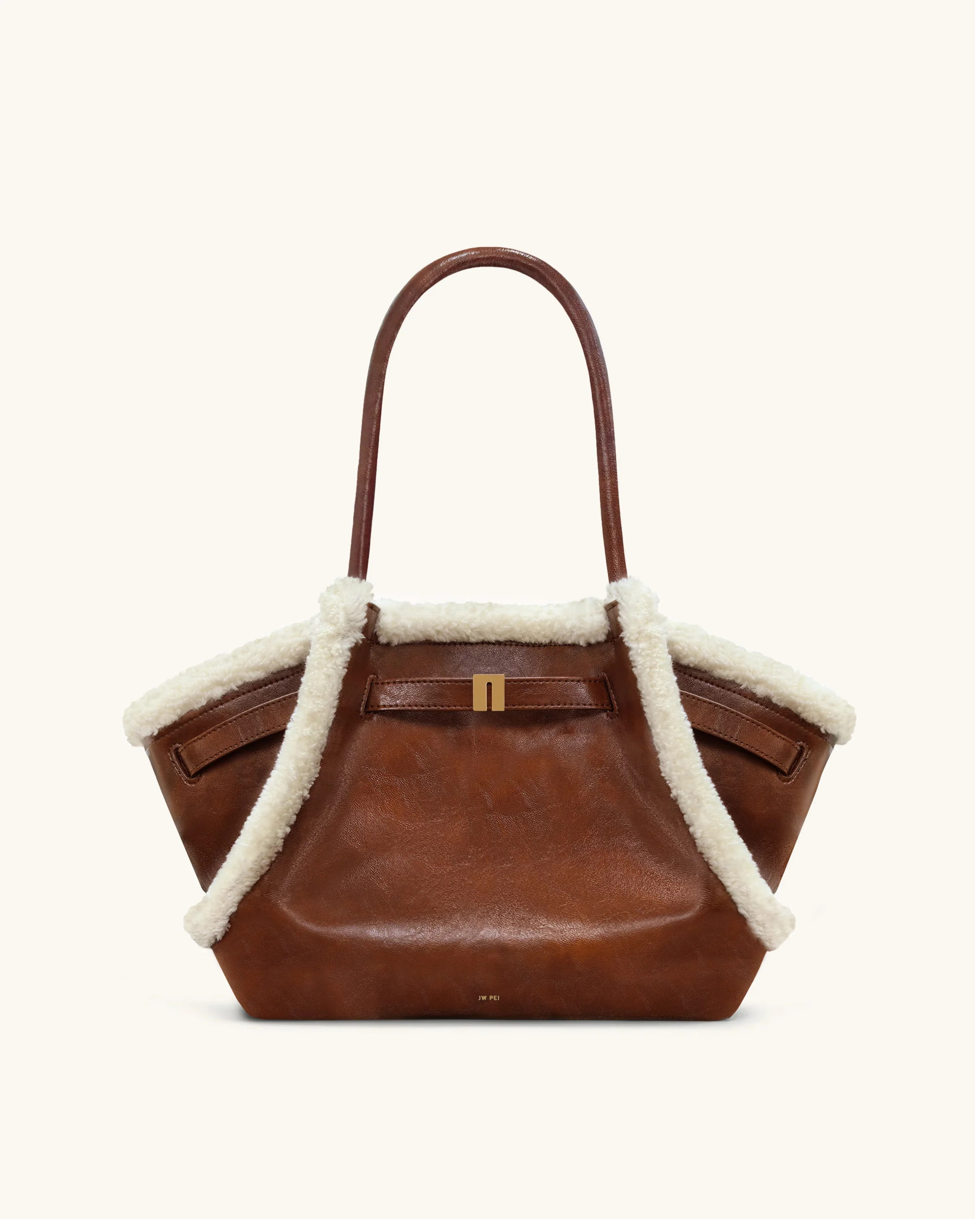 Hana Medium Faux Shearling Trim Tote Bag - Brown | JW PEI US