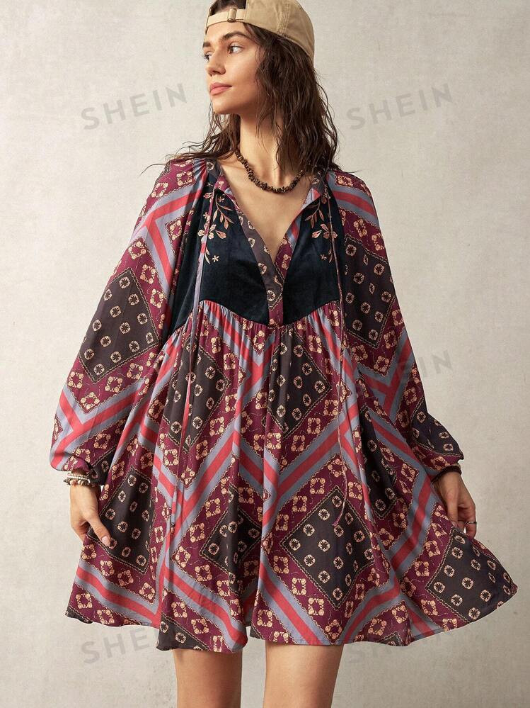 Bohemela Women's Vacation Embroidered Patchwork Mini Dress, Autumn | SHEIN USA | SHEIN