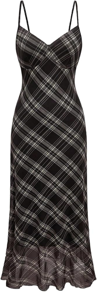 SHENHE Women's Mesh Spaghetti Strap Long Plaid Dress V Neck Vintage Flared Cami Dress | Amazon (US)