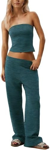 Women Sailor Tube Top Set 2 Piece Outfits Striped Strapless Bandeau Low Waist Wide-Leg Pants Loun... | Amazon (US)