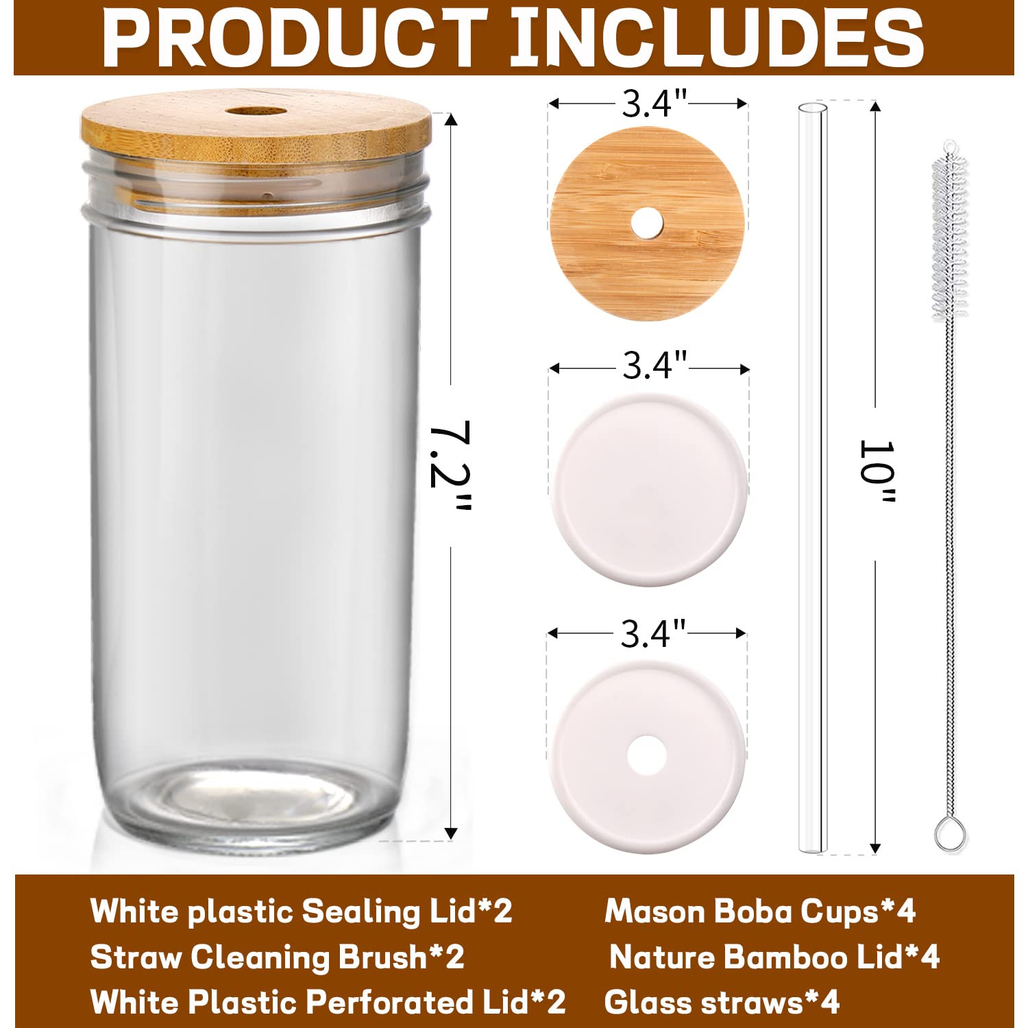 DWTS DANWEITESI Glass Cups with Lids and Straws,24 oz Smoothie Cup with Lid and Straw-Boba Mason ... | Amazon (US)