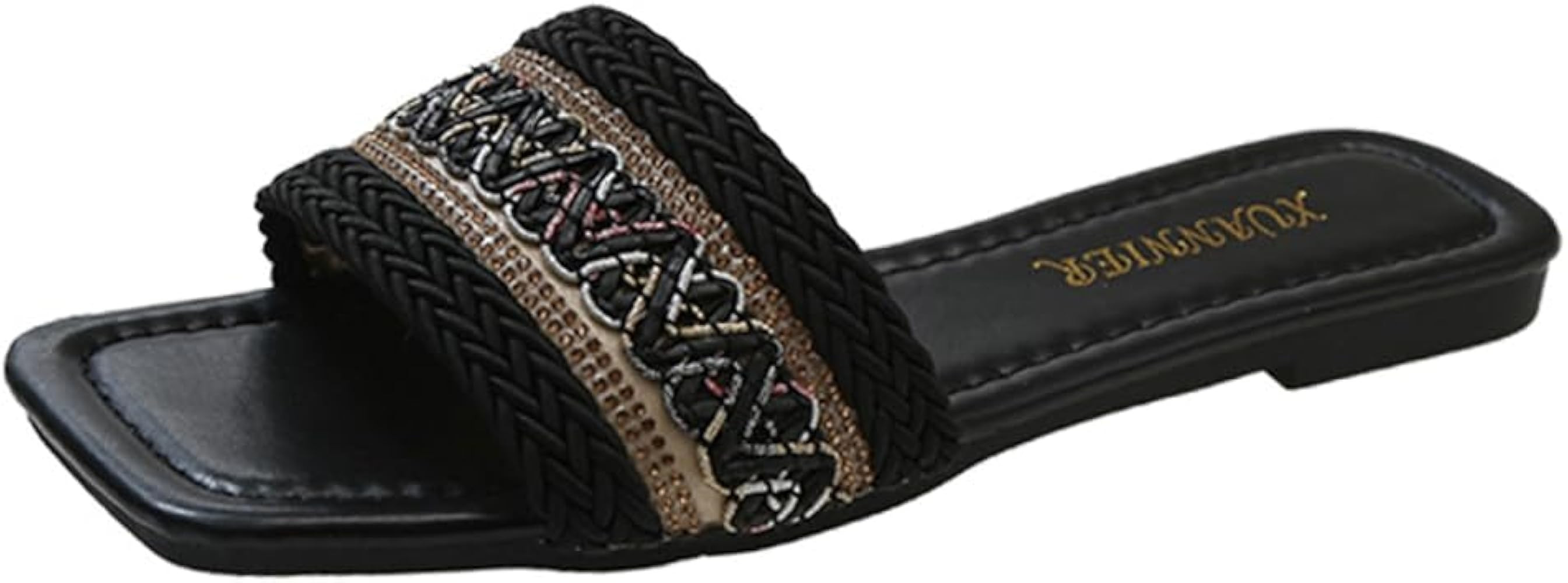 Epsion Women's Flat Sandals Braided Leather Woven Square Toe Slip On Slides Summer Bohemian Beach... | Amazon (US)