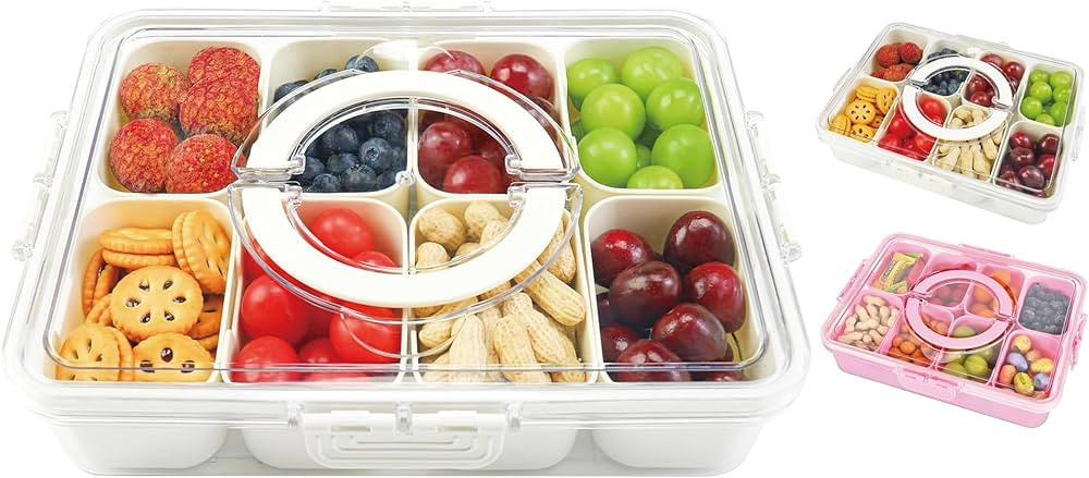 Snackle Box Container, 8 Compartment Divided Serving Tray with Lid and Handle, Snack Box Containe... | Amazon (US)
