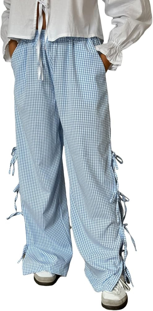 Y2K Gingham Pants for Women Bow Tie Side Slit Wide Leg Lounge Bottom Plaid Checkered Loose Fit Go... | Amazon (US)