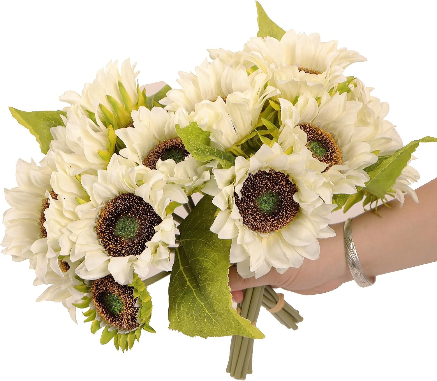 2pcs Artificial Sunflower Bouquets,22 Inch Bouquet with 9pcs Silk Sunflowers,Artificial Flowers for Wedding Bridal Bridesmaid,Rustic Home Décor Centerpiece,White and Green | Amazon (US)