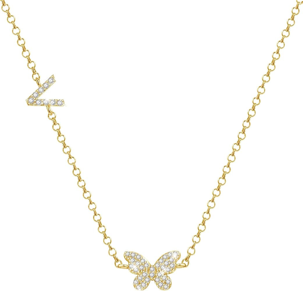 Amazon.com: CyxenNova Sideways Initial Necklaces for Women, Dainty Gold Pendant Necklace with But... | Amazon (US)