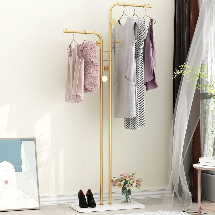 TIEOU Double-pole Metal Coat Rack, Gold Coat Rack Freestanding with 5 Hooks and Marble Base, Gold... | Amazon (US)