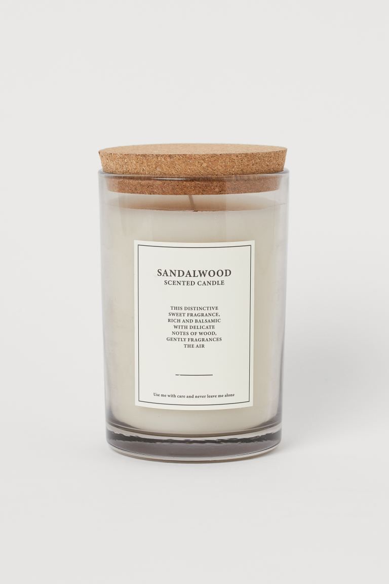 Large scented candle in a glass holder with a cork lid. Burn time 80 hours. Diameter 8.5 cm. Heig... | H&M (UK, MY, IN, SG, PH, TW, HK)