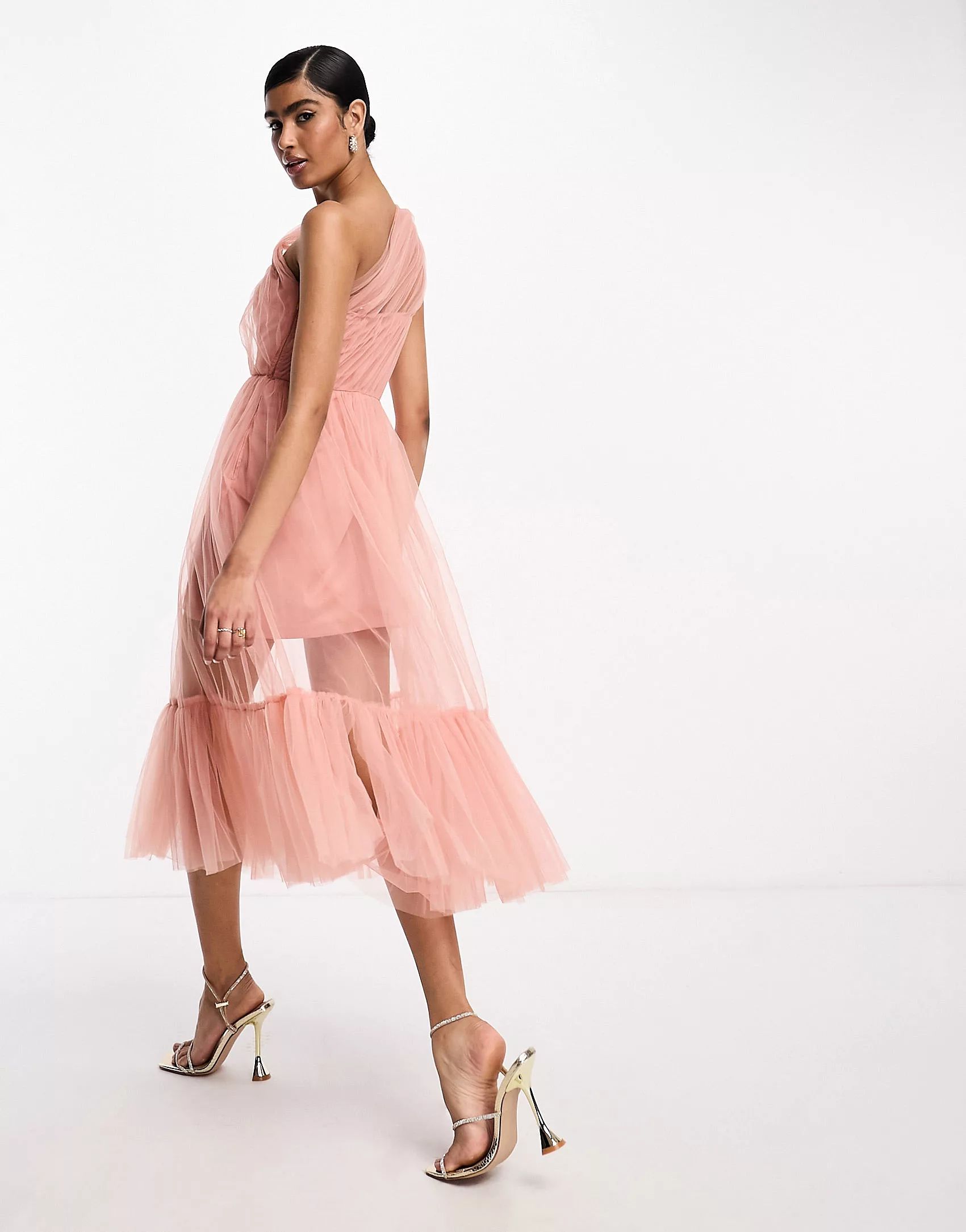 Lace & Beads Bridesmaid sheer one shoulder tulle midi dress in blush | ASOS (Global)