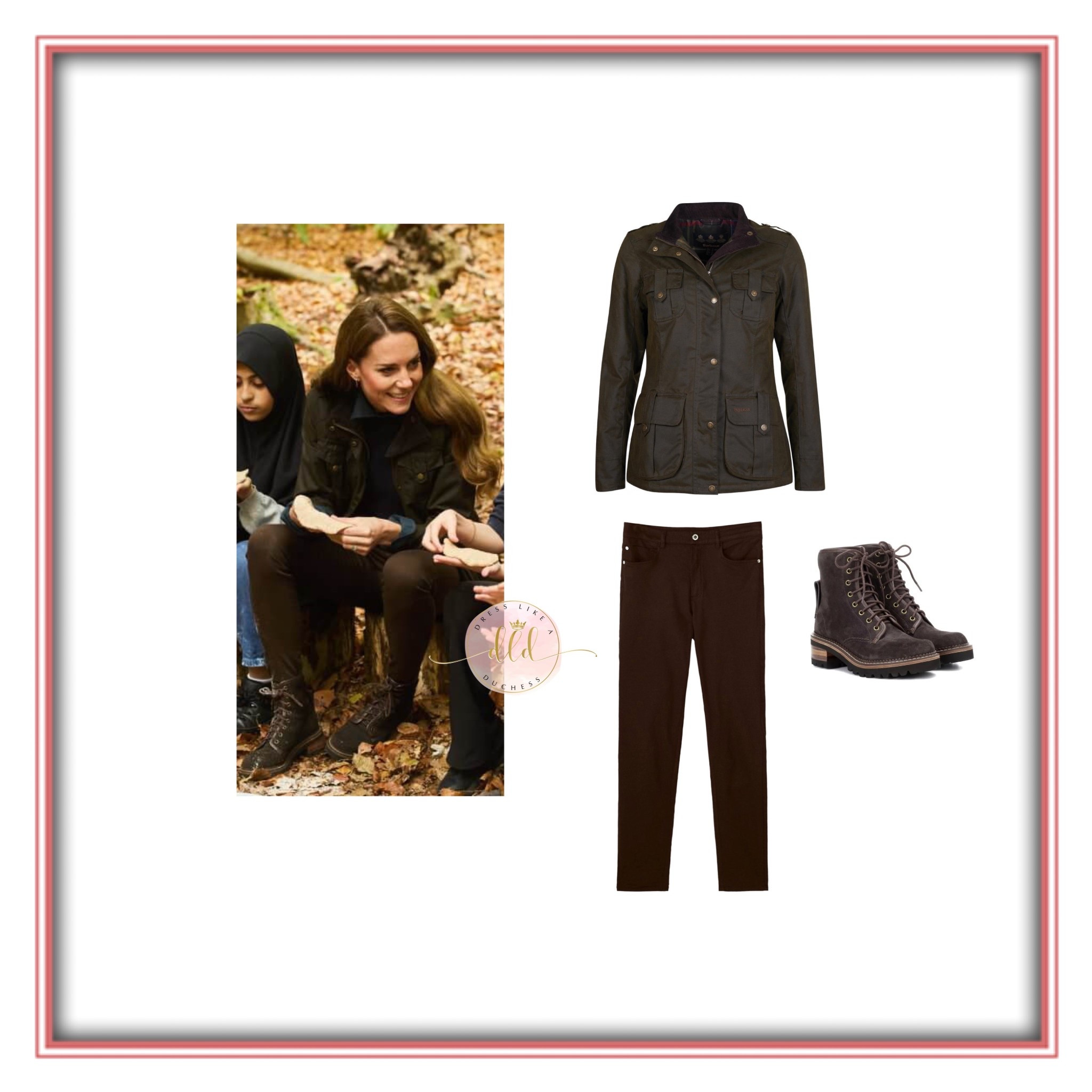 11/15/25 Kate Middleton Back to Nature Autumn video wearing her Barbour Defence waxed jacket + Massimo Dutti high rise trousers and See by Chloe combat ankle boots 