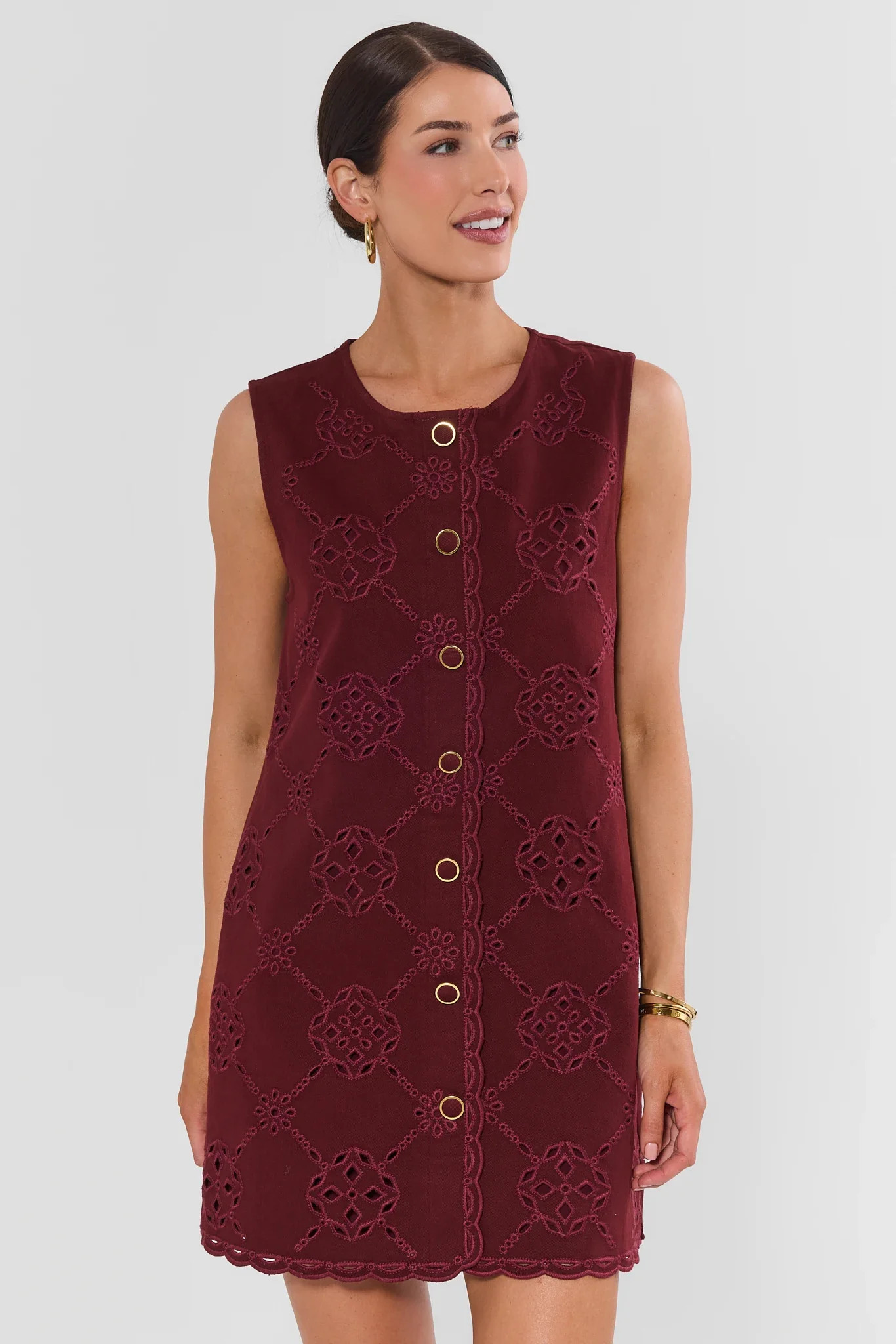 Burgundy Eyelet Button Up Short Dress | Avara