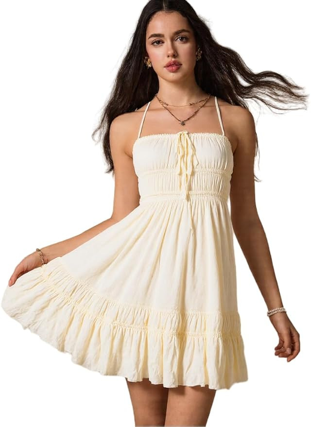 ForeMode Summer Deep V Neck Bohemian Women Mini Short Dress Backless Beach Boho Dress | Amazon (US)