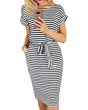 PRETTYGARDEN Women's Summer Short Sleeve Crewneck Striped Dress Basic Solid Tie Waist Office T Sh... | Amazon (US)