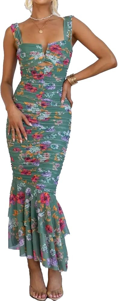 Vakkest Women's Floral Spaghetti Strap Maxi Dress Sleeveless Bodycon Ruched Elegant Ruffle Hem We... | Amazon (US)